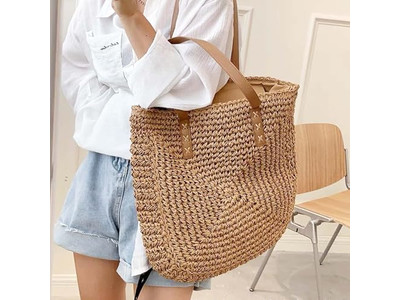 Bolso de Cesta de Paja Negra con Estampado Personalizado Estilo Francés Playa Ecológico Cinta