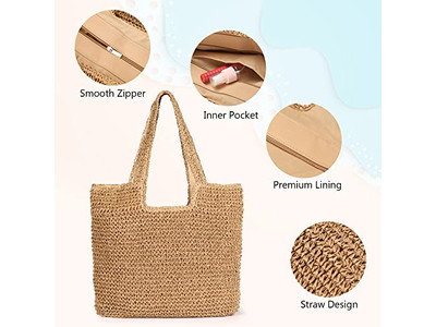 Bolsa de Paja de Algodón Canasta Flor con Cuentas Bolsas Básicas Lona Bohemio Monedero Barril