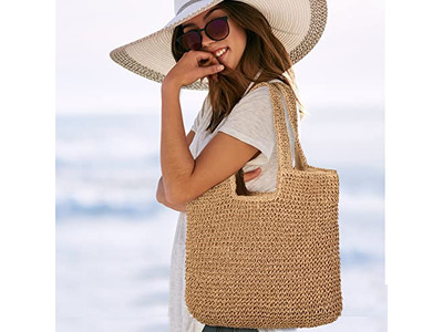 Bolsa de Paja de Algodón Canasta Flor con Cuentas Bolsas Básicas Lona Bohemio Monedero Barril