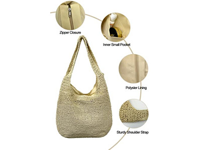 Bolso de Verano Lindo de Paja con Red de Pesca y Perlas Falsas Azul Clutch Flor