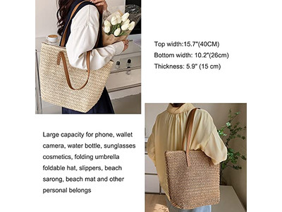 Bolsa de Paja Simple de Moda Pajitas de Trigo Bolso Tote para Niñas Forrado Flores de Colores