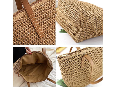 Bolsa de Paja Simple de Moda Pajitas de Trigo Bolso Tote para Niñas Forrado Flores de Colores
