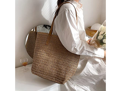 Bolsa de Paja Simple de Moda Pajitas de Trigo Bolso Tote para Niñas Forrado Flores de Colores