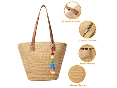 Bolso de Mano de Paja para Mujeres Alfombra Bolsa de Playa Tote Conjunto Tejido de Yute