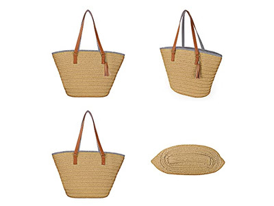 Bolso de Paja para Mujer Bolso de Playa de Trigo Tejido Boho con Mango de Madera
