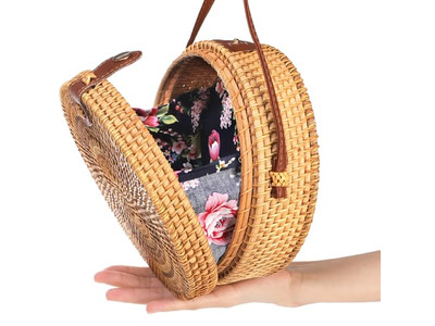 Bolso de Paja de Papel Tejido Negro Bolsas Redondas de Ratán Natural de Bali con Logo Personalizado